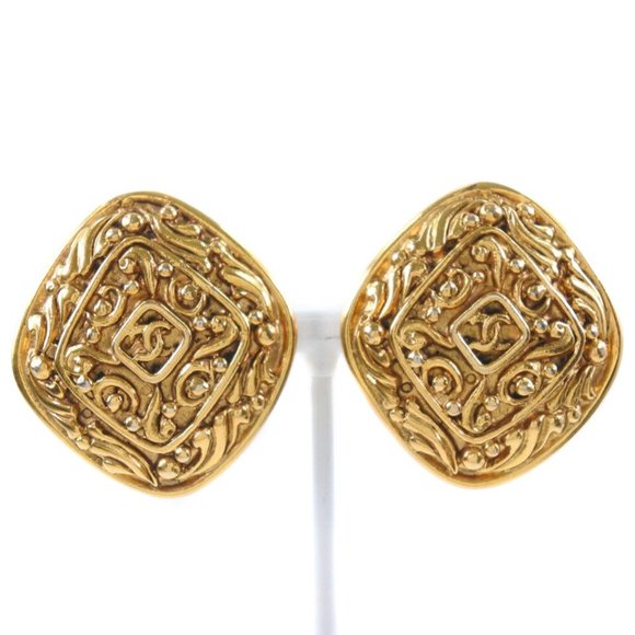 CHANEL Rhombus vintage COCO Mark Earring Plated Gold Women - Picture 1 of 10